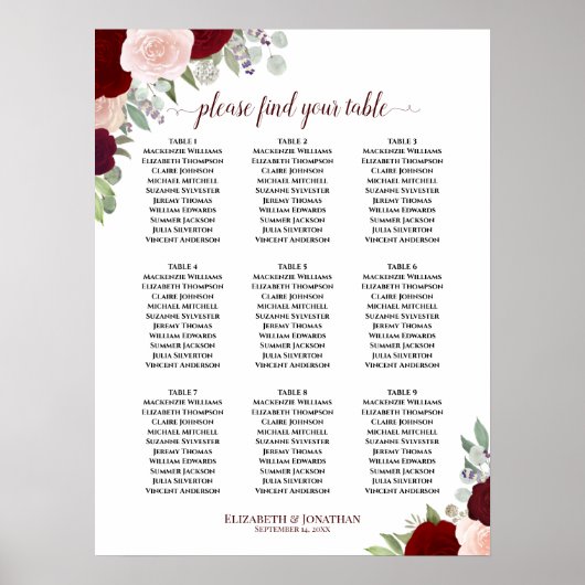 Burgundy Blush Rozen 9 Table Wedding Seating Chart Poster (Voorkant)