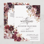 Burgundy Blush Script Bloem QR Code Bruiloft Kaart (Voorkant / Achterkant)