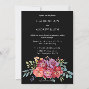 Burgundy Blush Tropical Floral Wedding - Black V2 Kaart