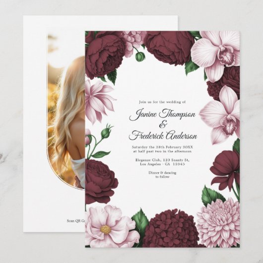 Burgundy & Blush Watercolor Floral Wedding Kaart (Voorkant / Achterkant)