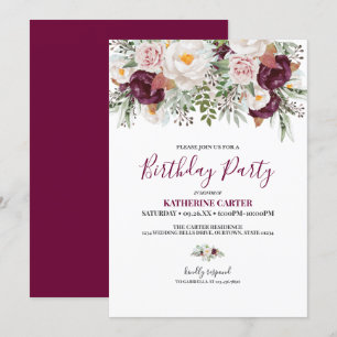 Burgundy Blush Waterverf Birthday Party Kaart
