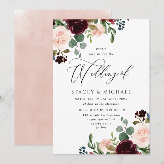 Burgundy & Blush Waterverf Elegant Spring Wedding Kaart (Voorkant / Achterkant)