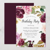 Burgundy Blush Waterverf Floral Birthday Party Kaart (Voorkant / Achterkant)