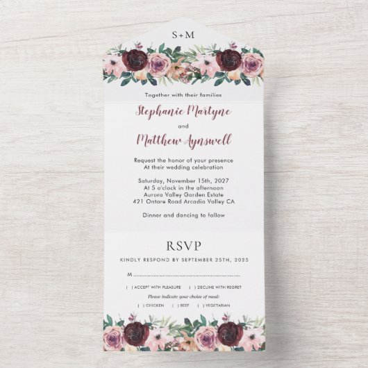 Burgundy Blush Waterverf Floral Wedding All In One Uitnodiging (Binnen)