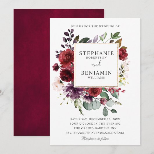 Burgundy Blush Waterverf Floral Wedding Kaart (Voorkant / Achterkant)