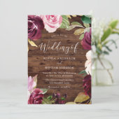 Burgundy Blush Waterverf Flowers Rustic Wedding Kaart (Staand voorkant)