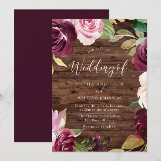 Burgundy Blush Waterverf Flowers Rustic Wedding Kaart (Voorkant / Achterkant)