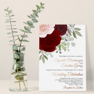 Burgundy & Blush Waterverf Rozen Elegant Wedding Folie Uitnodiging