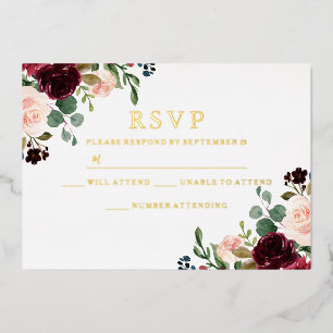 Burgundy & Blush Waterverf Trouw Goud RSVP Folie Uitnodiging