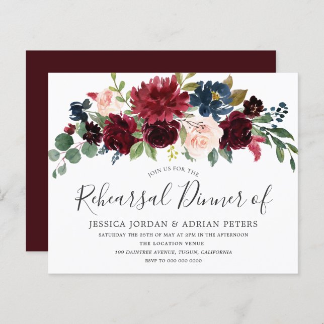 Burgundy Blush Wedding Rehearsal Dinner Invitation (Voorkant / Achterkant)