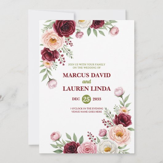 Burgundy Blush Wildflower Wedding Invitation Card (Dos)