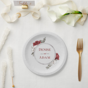 Burgundy Blush & Witte Rozen Zilver Folie Papieren Bordje