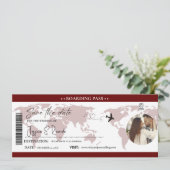 Burgundy Boarding Pass Ticket Bruiloft Save The Date (Staand voorkant)