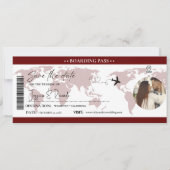 Burgundy Boarding Pass Ticket Bruiloft Save The Date (Voorkant)