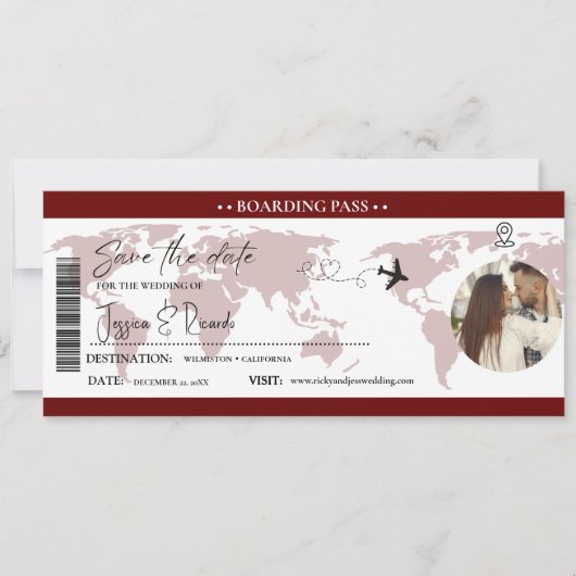 Burgundy Boarding Pass Ticket Bruiloft Save The Date (Voorkant)