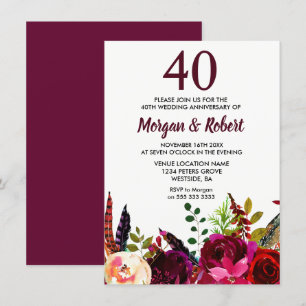 Burgundy Boho Bloemen 40ste Huwelijksverjaardag Kaart