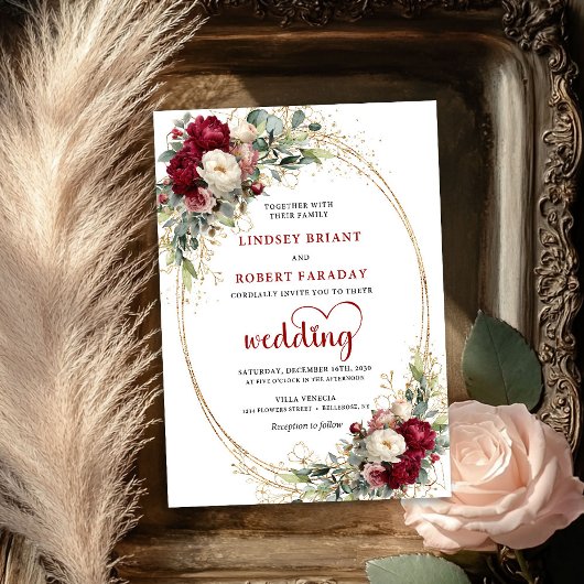 Burgundy Boho Botanical Floral Wedding Invite Kaart