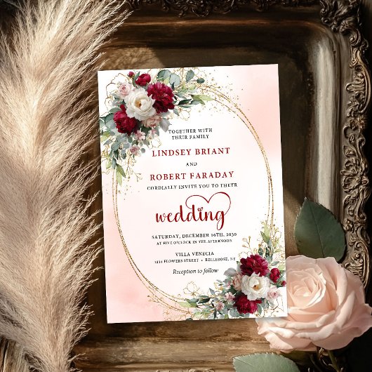 Burgundy Boho Floral Luxury Wedding Invitation Kaart