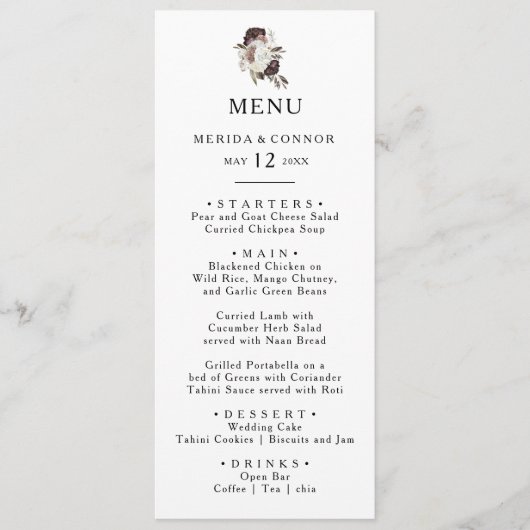 Burgundy Boho Floral Mariage Diner Menu (Devant)
