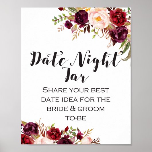 Burgundy Boho Floral Sign - Datum nachtteken Poster (Voorkant)