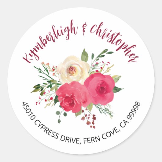 Burgundy Boho Floral Wedding Address Envelope Seal Ronde Sticker (Voorkant)