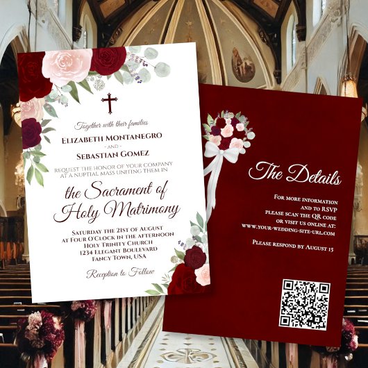 Burgundy Boho Roses Catholic QR Code Wedding Kaart
