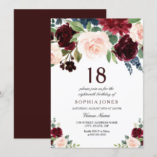 Burgundy Boho Waterverf Blush 18th Birthday Party Kaart