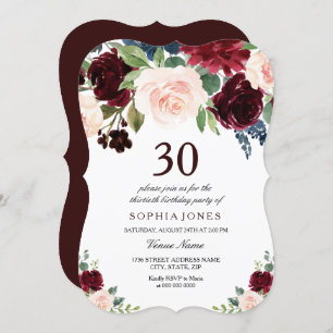 Burgundy Boho Waterverf Blush 30th Birthday Party Kaart