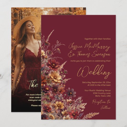 Burgundy Boho Wildflowers & Photo QR Code Wedding Kaart (Voorkant / Achterkant)