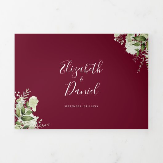Burgundy Botanical Greenery Photo Wedding Drieluik Uitnodiging (Cover)