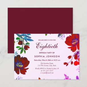 Burgundy Botanical Tropical 80th Birthday Invite Kaart