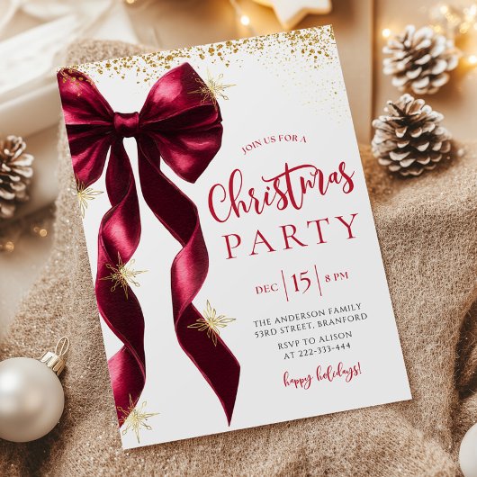 Burgundy Bow Christmas Party Invitation