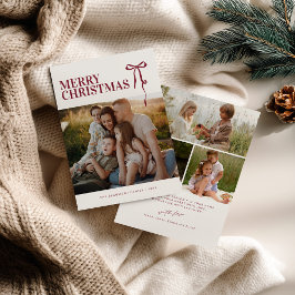 Burgundy Bow Photo Christmas Card Feestdagenkaart