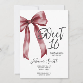 Burgundy Bow Sweet Sixteen Girl Birthday Party Kaart