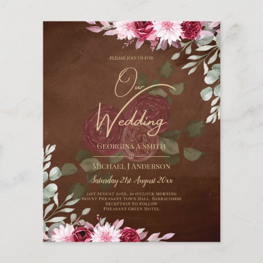 Burgundy Brown Floral Winter Fall Wedding Invite Flyer (Voorkant)
