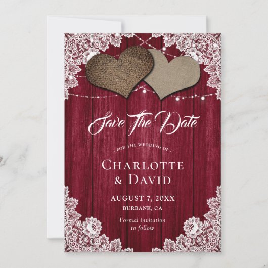Burgundy Burlap Lace Wedding Enregistrer La Carte (Devant)