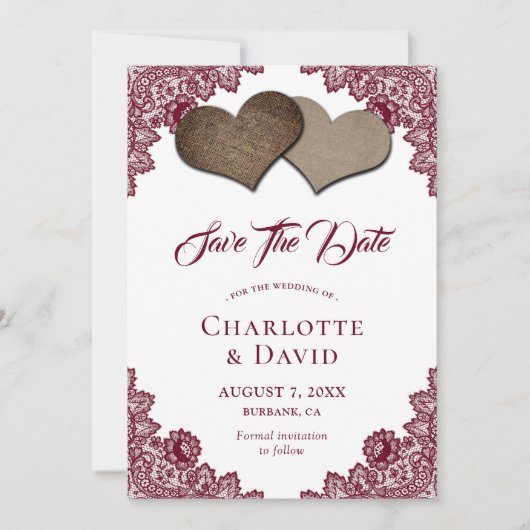 Burgundy Burlap Lace Wedding Enregistrer La Carte  (Devant)