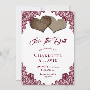 Burgundy Burlap Wedding Save the Date Kaart