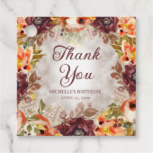 Burgundy Burnt Oranje Floral Birthday Dank je Bedankjes Labels (Voorkant)