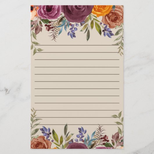 Burgundy Burnt Oranje Paars Floral Lined Briefpapier (Voorkant)
