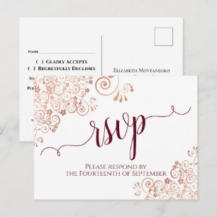Burgundy Calligraphy Roos Gold Lace Wedding RSVP Briefkaart