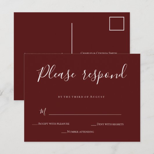 Burgundy Calligraphy Wedding RSVP Card Briefkaart (Voorkant / Achterkant)