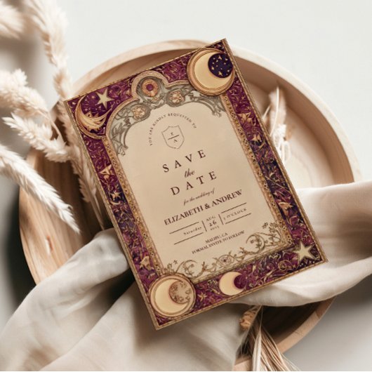 Burgundy Celestial Moon Wedding Save The Date