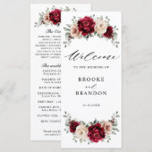 Burgundy Champagne Ivory Mauve Roos Floral Wedding Programma (Voorkant / Achterkant)