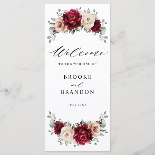 Burgundy Champagne Ivory Mauve Roos Floral Wedding Programma (Voorkant)