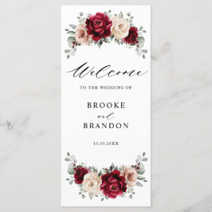 Burgundy Champagne Ivory Mauve Roos Floral Wedding Programma