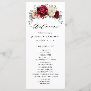 Burgundy Champagne Ivory Mauve Roos Floral Wedding Programma