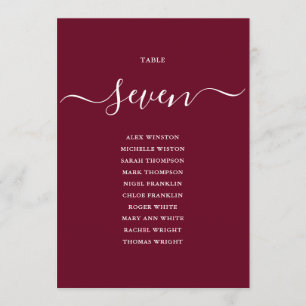 Burgundy Chic Script Tafelnummer Zitkaart