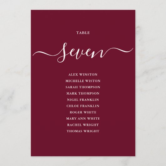 Burgundy Chic Script Tafelnummer Zitkaart (Voorkant)