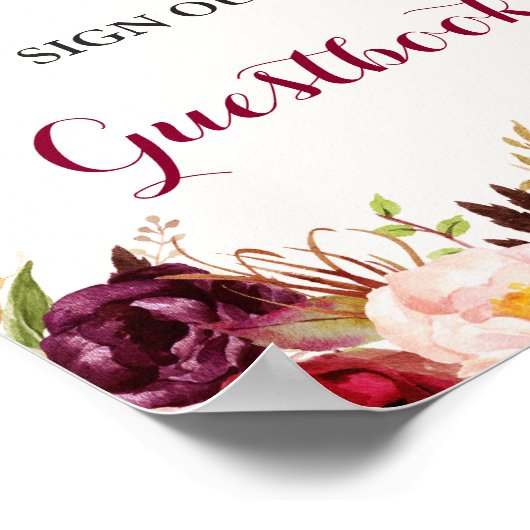 Burgundy Confetti Floral Guestbook Weddenschap Poster (Hoek)